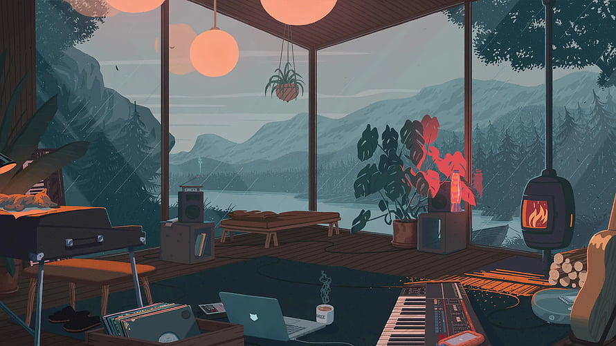 Cozy Music Studio Cabin Interior With Rainy Mountain Lake View HD wallpaper