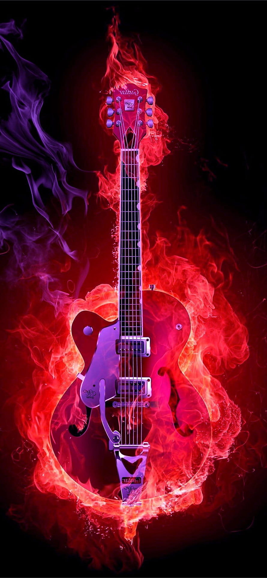 Flaming Electric Guitar with Purple Smoke on Black Background HD phone wallpaper