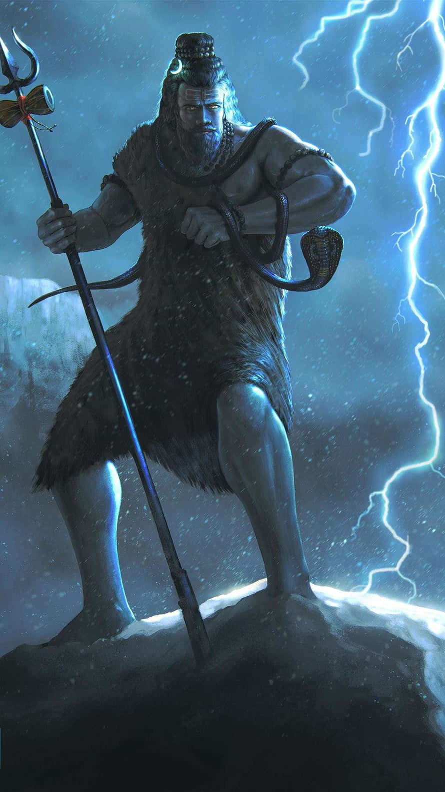 Lord Shiva Tandav Digital Art with Trishul and Serpent in Stormy Night HD phone wallpaper