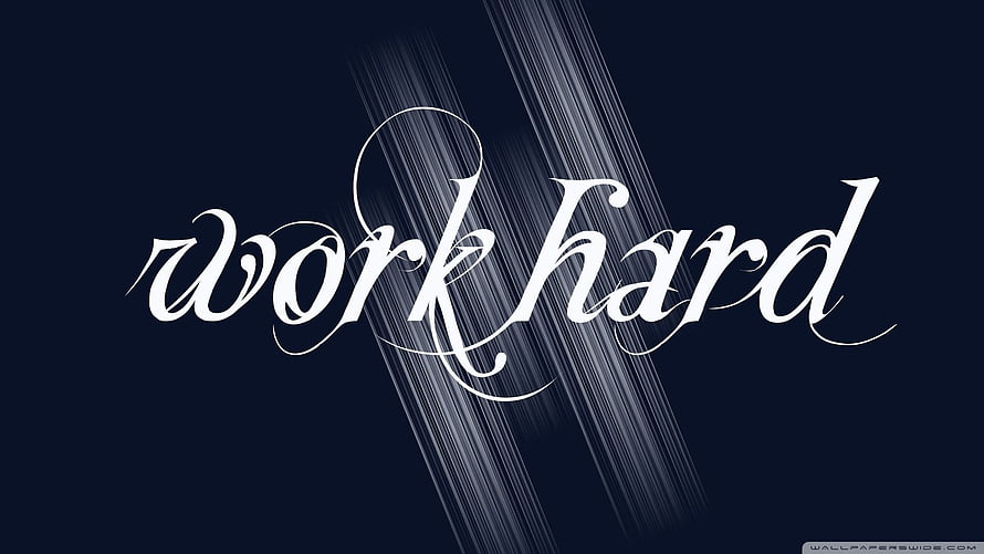 Work Hard Elegant Calligraphy on Dark Navy Background with Light Streaks HD wallpaper
