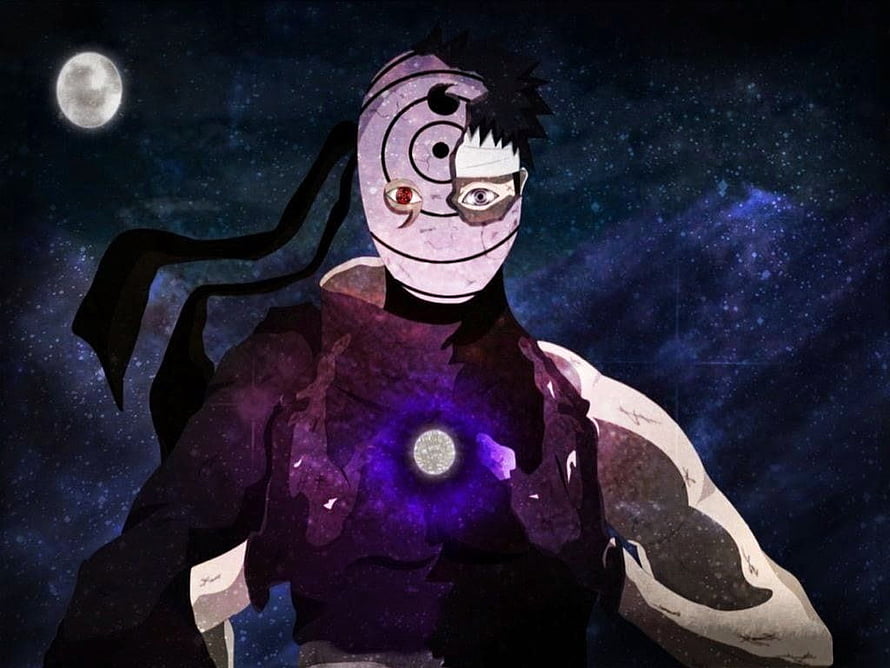 Obito Uchiha Kamui Mode with Rinnegan and Sharingan Against a Starry Night Sky HD wallpaper
