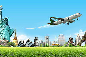 Global Travel Concept With Famous Landmarks And Airplane HD wallpaper