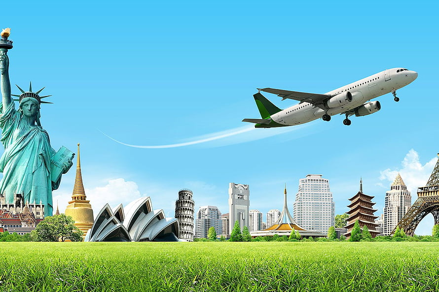 Global Travel Concept With Famous Landmarks And Airplane HD wallpaper