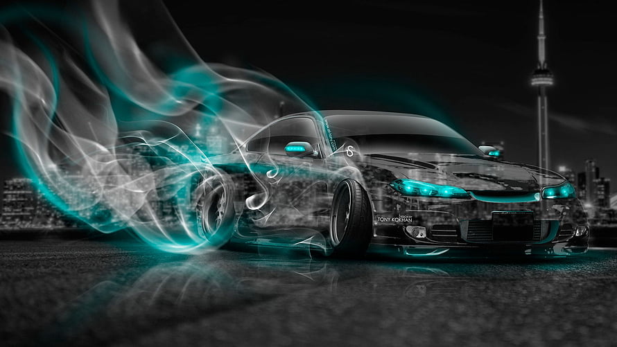 Nissan Silvia S15 JDM Drift Car with Neon Smoke Effect in Night City HD wallpaper