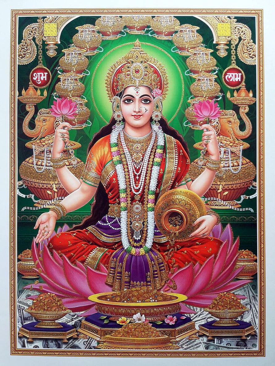 Goddess Lakshmi Sitting on Lotus with Gold Coins and Money HD phone wallpaper