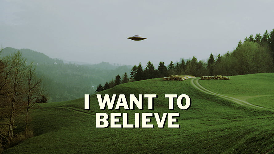 The X-Files I Want to Believe Poster with UFO Over Green Hills HD wallpaper