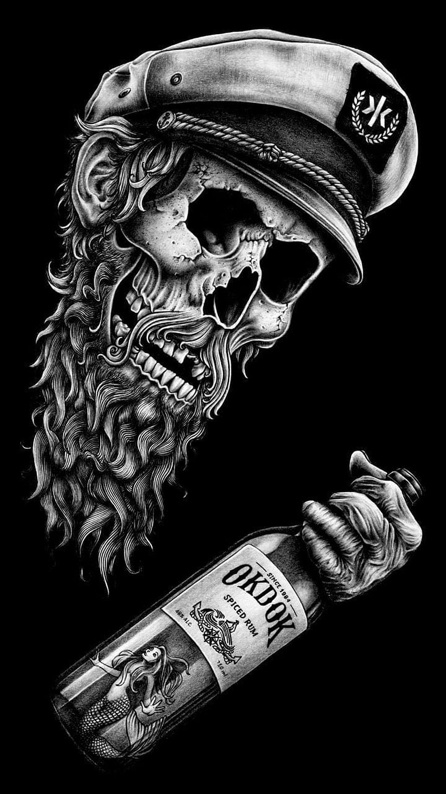 Black and white tattoo style illustration of a bearded pirate skull wearing a captain hat holding a bottle of Okbok spiced rum HD phone wallpaper