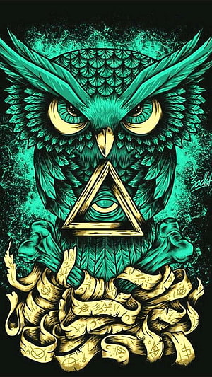 Mystical Teal Owl with Golden Triangle and Eye Symbol in Intricate Illustration HD phone wallpaper
