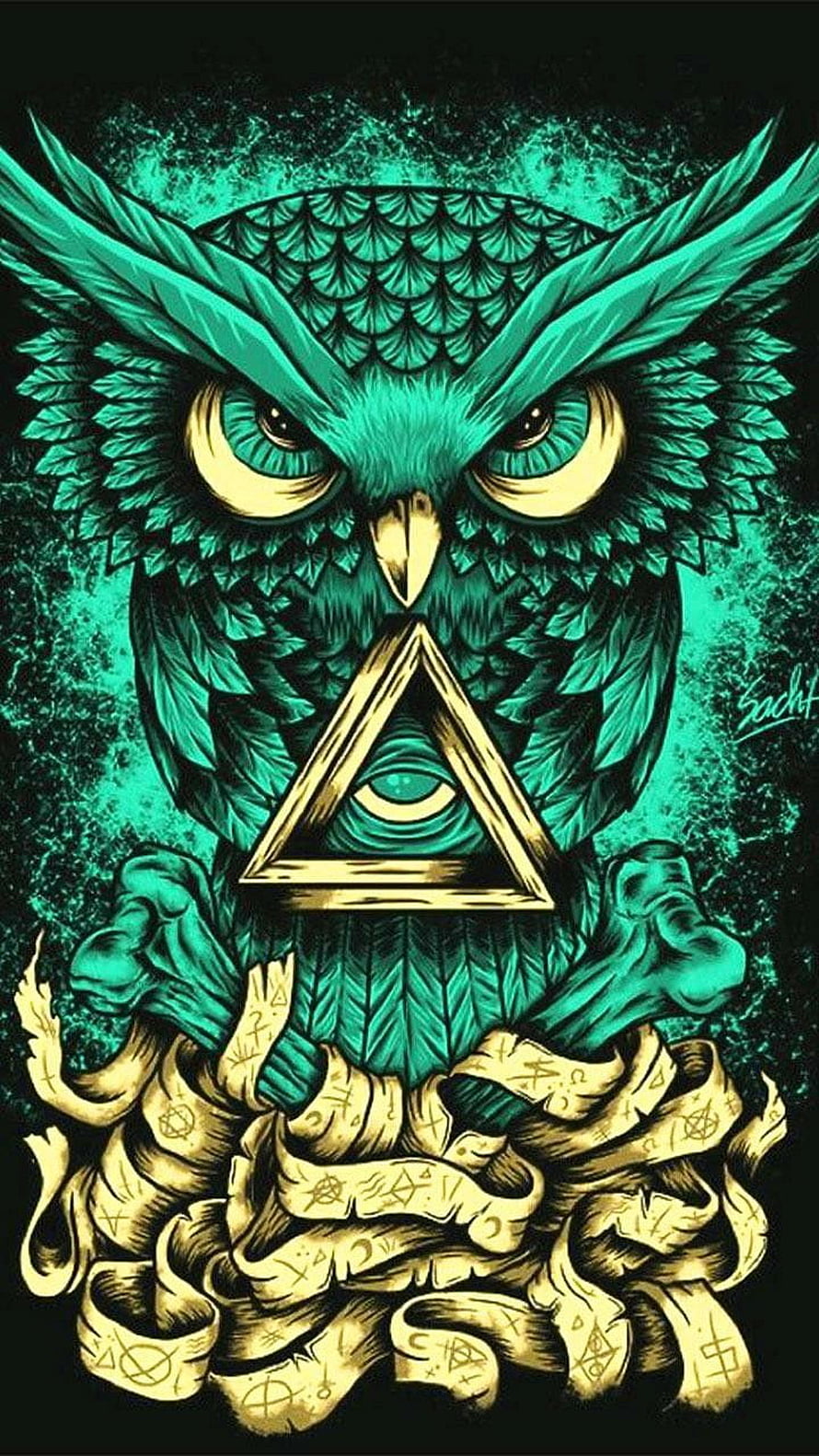 Mystical Teal Owl with Golden Triangle and Eye Symbol in Intricate Illustration HD phone wallpaper