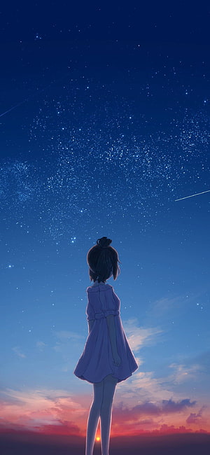 Anime Girl in Purple Dress Gazing at Starry Night Sky with Shooting Stars HD phone wallpaper