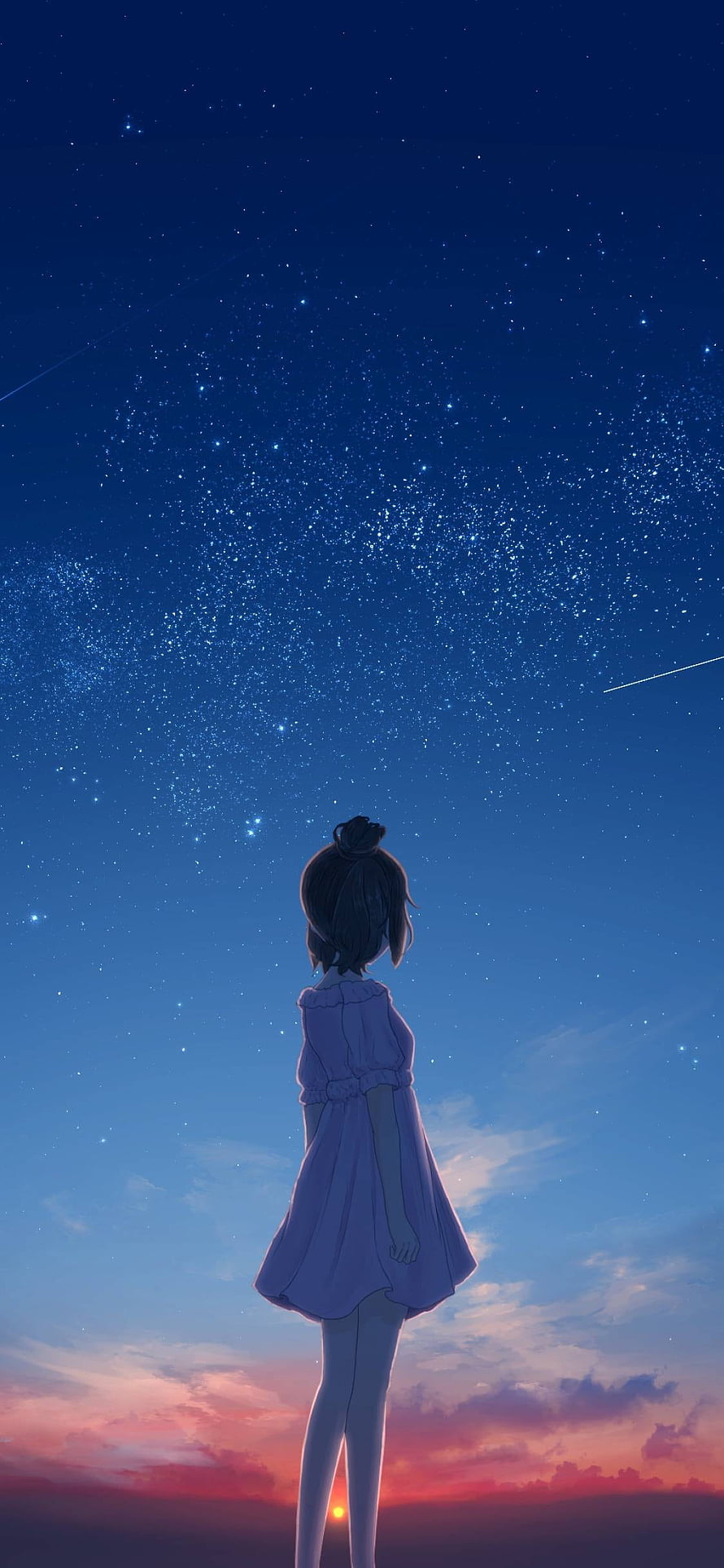 Anime Girl in Purple Dress Gazing at Starry Night Sky with Shooting Stars HD phone wallpaper