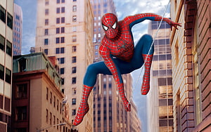 Spider-Man swinging through a city skyline in his classic red and blue suit, Spider-Man, adventure, action, hero, spider man, movie, game, , marvel HD wallpaper