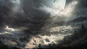 Destiny 2 Lone Guardian Gazing at Massive Orbital Structure Over Cloudy Mountain Valley HD wallpaper