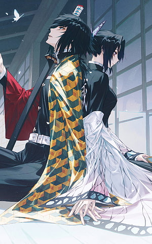 Giyu Tomioka and Shinobu Kocho Sitting Back to Back in Demon Slayer Uniforms HD phone wallpaper