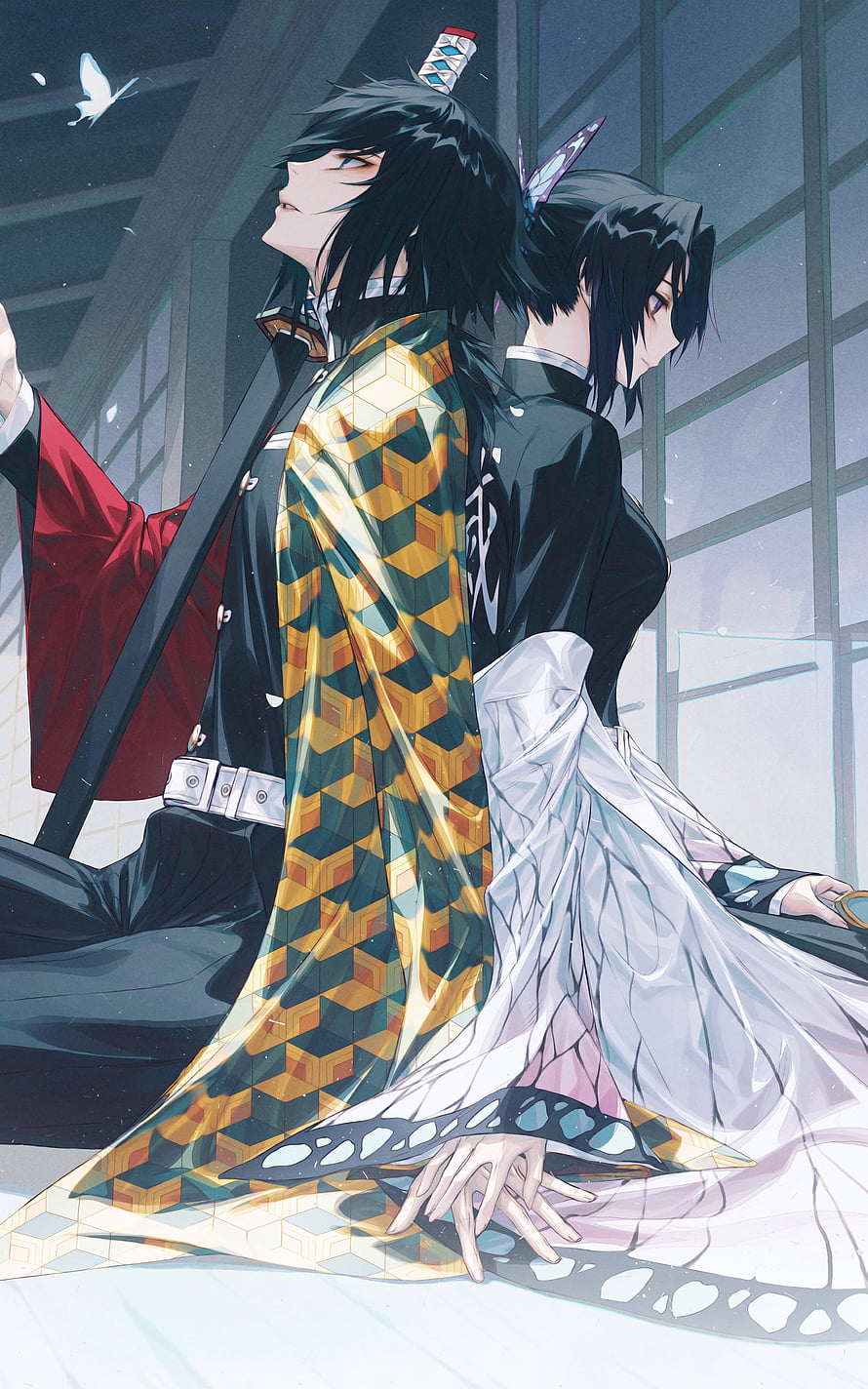 Giyu Tomioka and Shinobu Kocho Sitting Back to Back in Demon Slayer Uniforms HD phone wallpaper