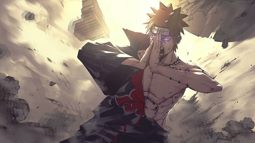 Pain from Naruto performing a powerful jutsu with glowing purple eyes and floating debris HD wallpaper