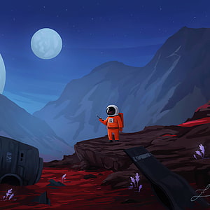 Cartoon Astronaut Standing on Rocky Cliff with Crashed Ship and Alien Landscape HD phone wallpaper