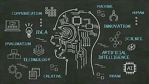 Artificial Intelligence Circuit Head Chalkboard Concept with Technology and Innovation Icons HD wallpaper