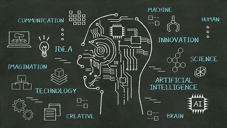 Artificial Intelligence Circuit Head Chalkboard Concept with Technology and Innovation Icons HD wallpaper