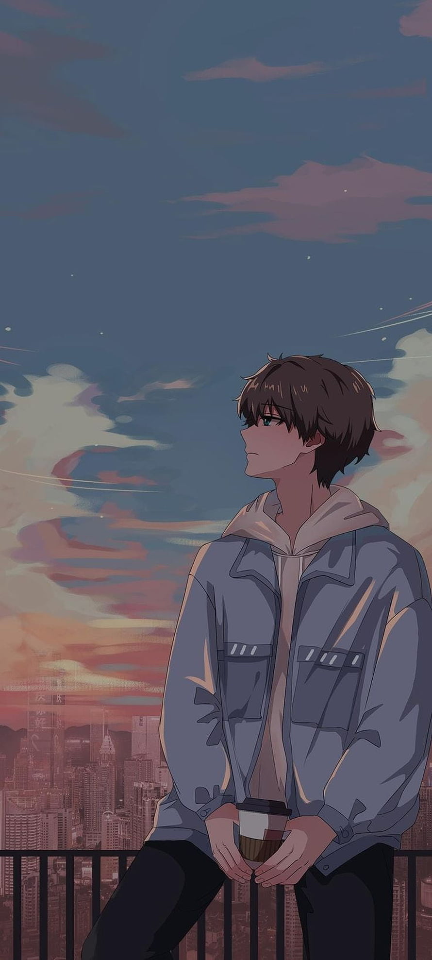 Anime Boy With Coffee Cup On Balcony At Sunset City Skyline HD phone wallpaper