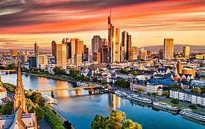 Frankfurt Skyline at Sunset with Main River and Commerzbank Tower HD wallpaper