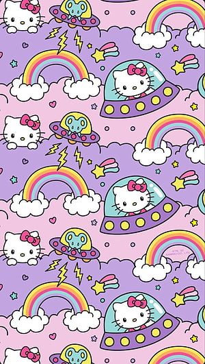 Hello Kitty in UFO with Rainbows and Clouds Pastel Pattern HD phone wallpaper