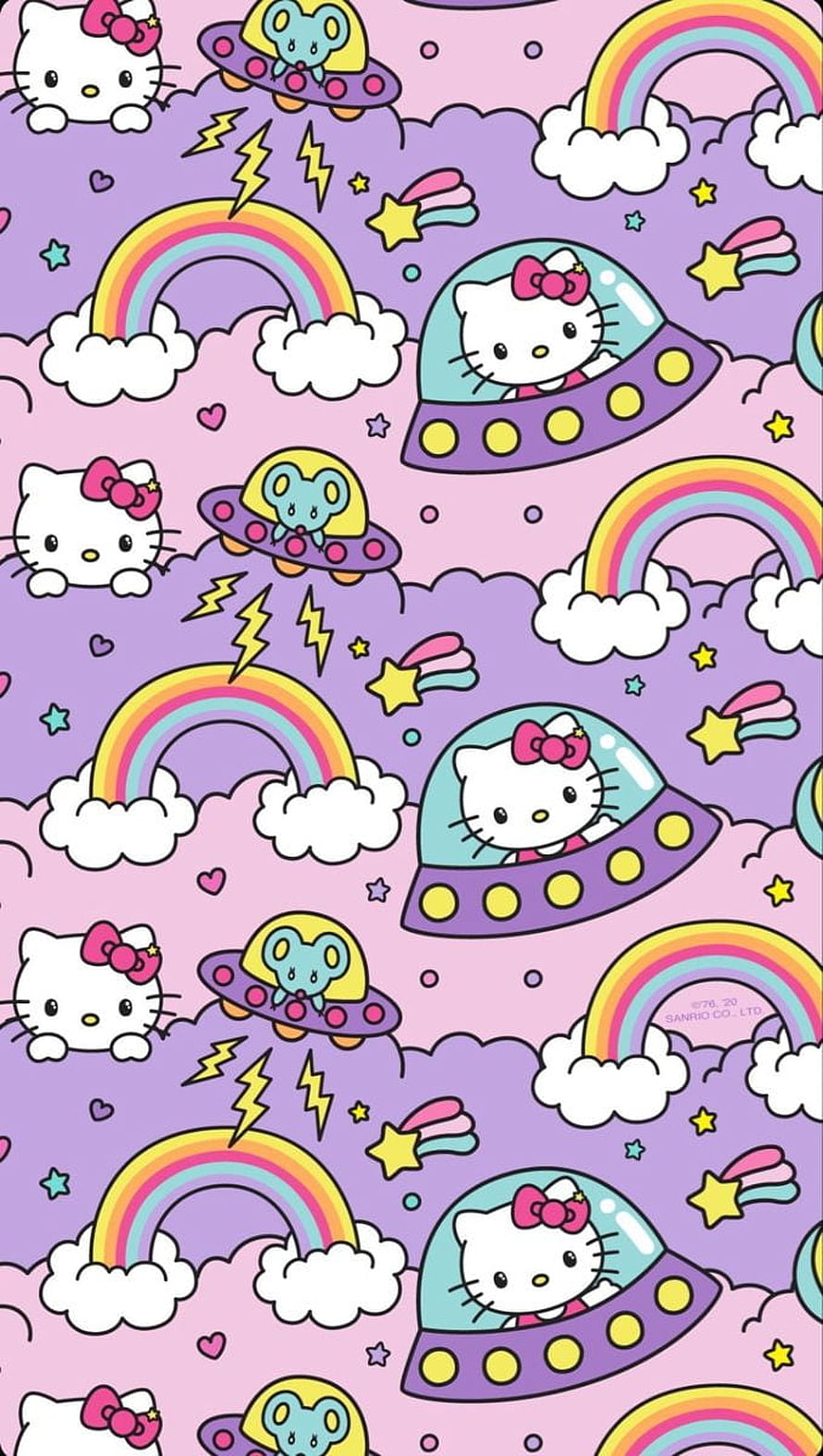Hello Kitty in UFO with Rainbows and Clouds Pastel Pattern HD phone wallpaper