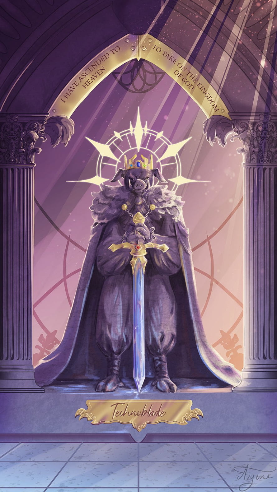 Technoblade as a crowned king holding a sword in a cathedral with a radiant halo HD phone wallpaper