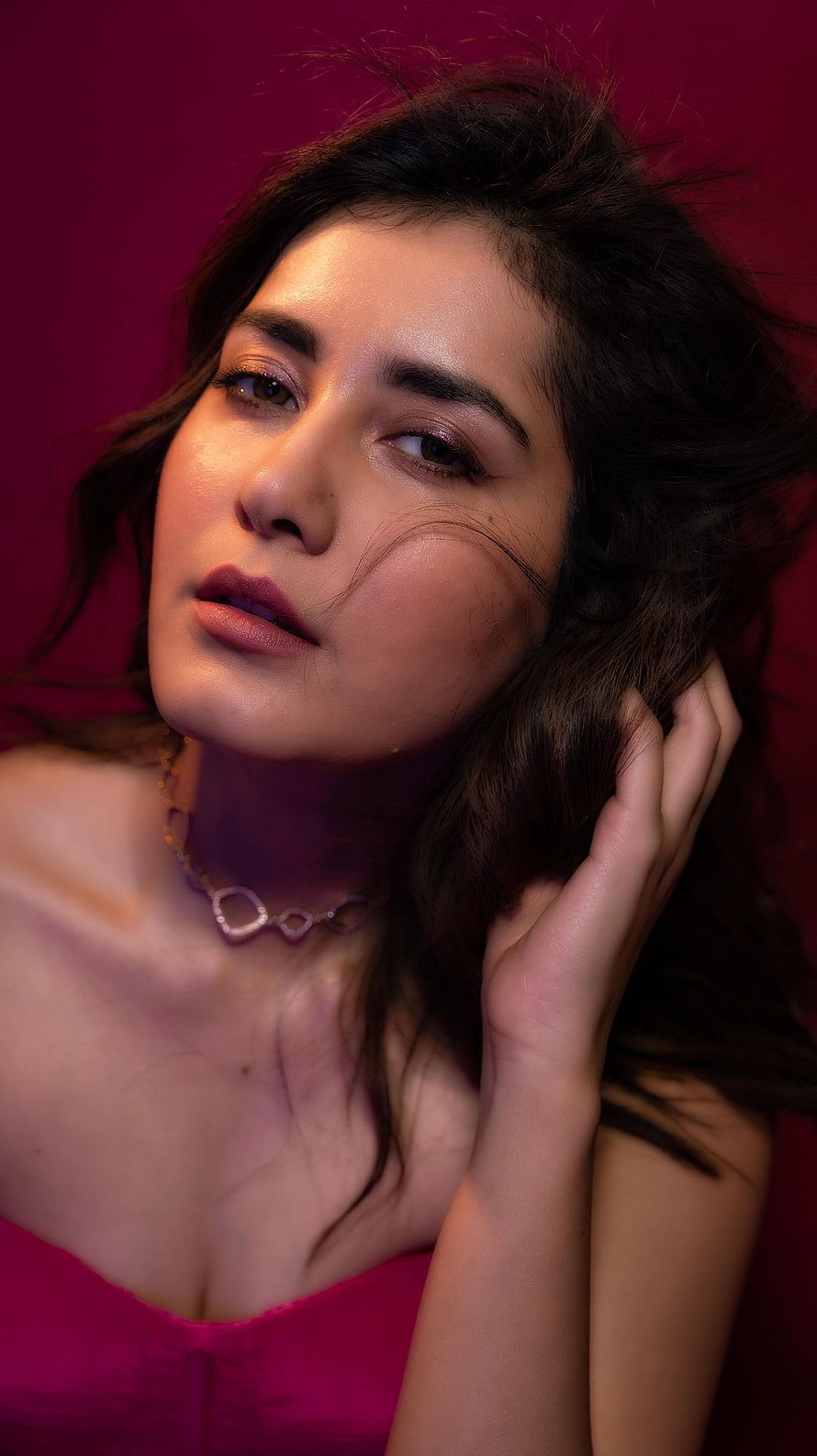 Rashi Khanna Portrait with Dramatic Magenta Lighting and Flowing Dark Hair HD phone wallpaper
