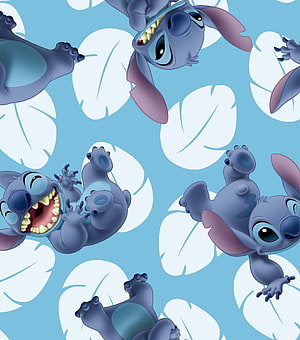 Stitch from Lilo and Stitch in a playful repeating pattern with tropical leaves on a light blue background HD phone wallpaper