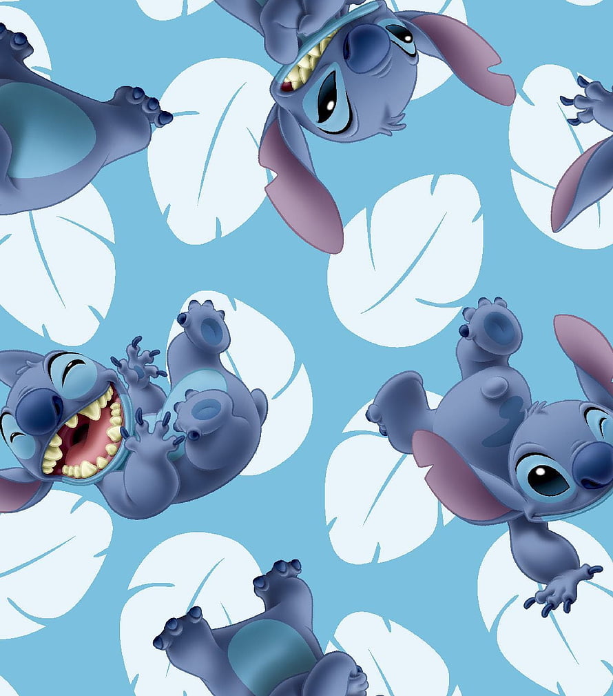 Stitch from Lilo and Stitch in a playful repeating pattern with tropical leaves on a light blue background HD phone wallpaper