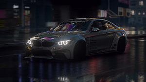 Silver BMW M4 Widebody Drifting on Wet City Streets at Night HD wallpaper