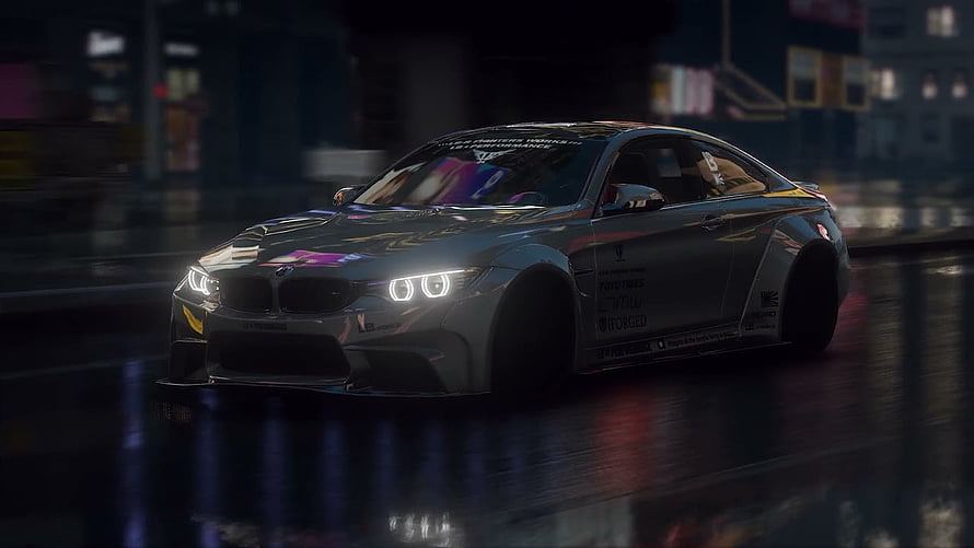 Silver BMW M4 Widebody Drifting on Wet City Streets at Night HD wallpaper