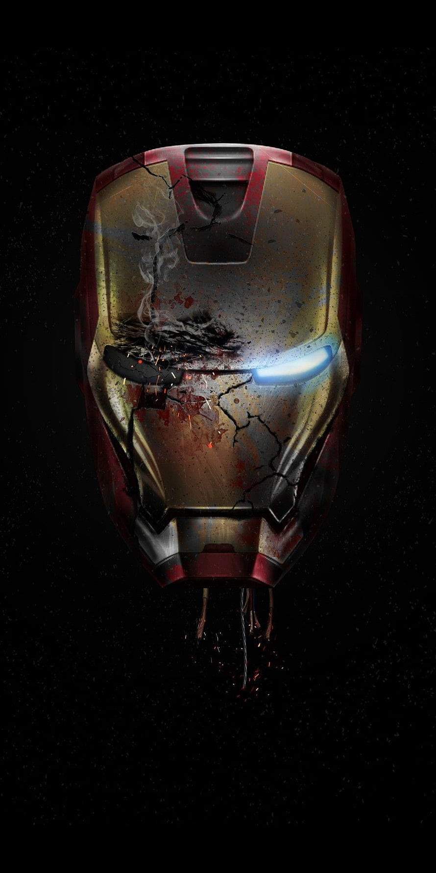 Damaged Iron Man Helmet with Cracked Armor and Glowing Eye on Black Background, Iron Man Damaged Helmet Endgame, Iron Man Mask HD phone wallpaper