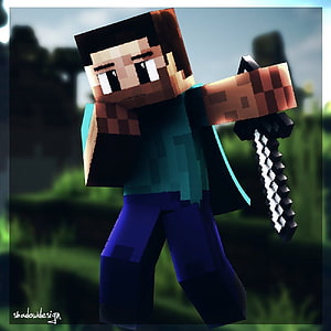 Steve from Minecraft holding an iron sword in a grassy field with a blocky pixelated art style HD phone wallpaper