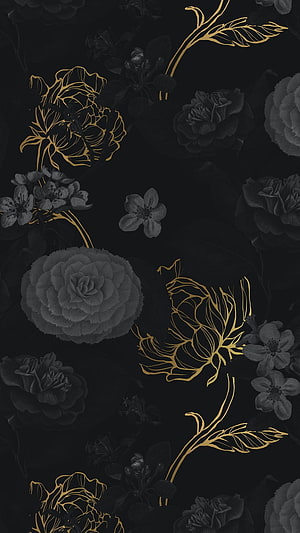 Elegant Black and Gold Floral Wallpaper with Roses and Botanical Line Art HD phone wallpaper