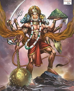 Hanuman holding the Dronagiri mountain with multiple arms and divine weapons, Hanuman, Cartoon Hanuman HD phone wallpaper