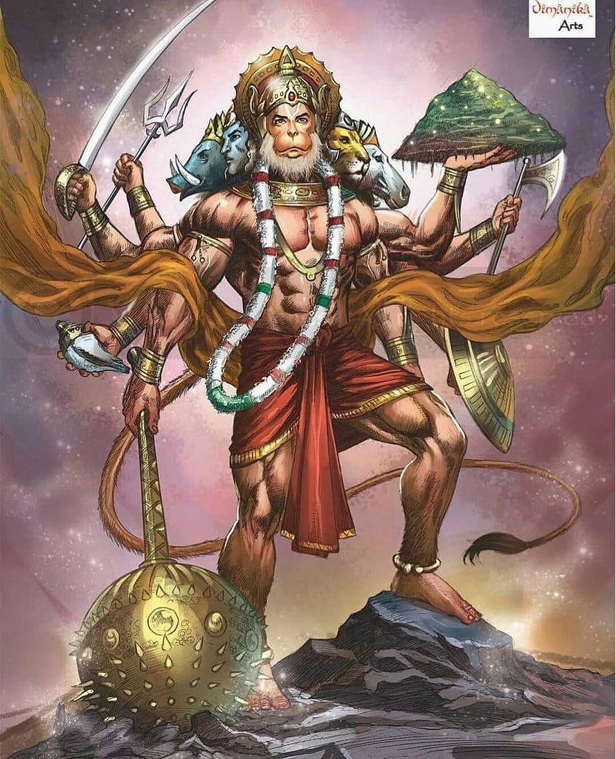 Hanuman holding the Dronagiri mountain with multiple arms and divine weapons, Hanuman, Cartoon Hanuman HD phone wallpaper