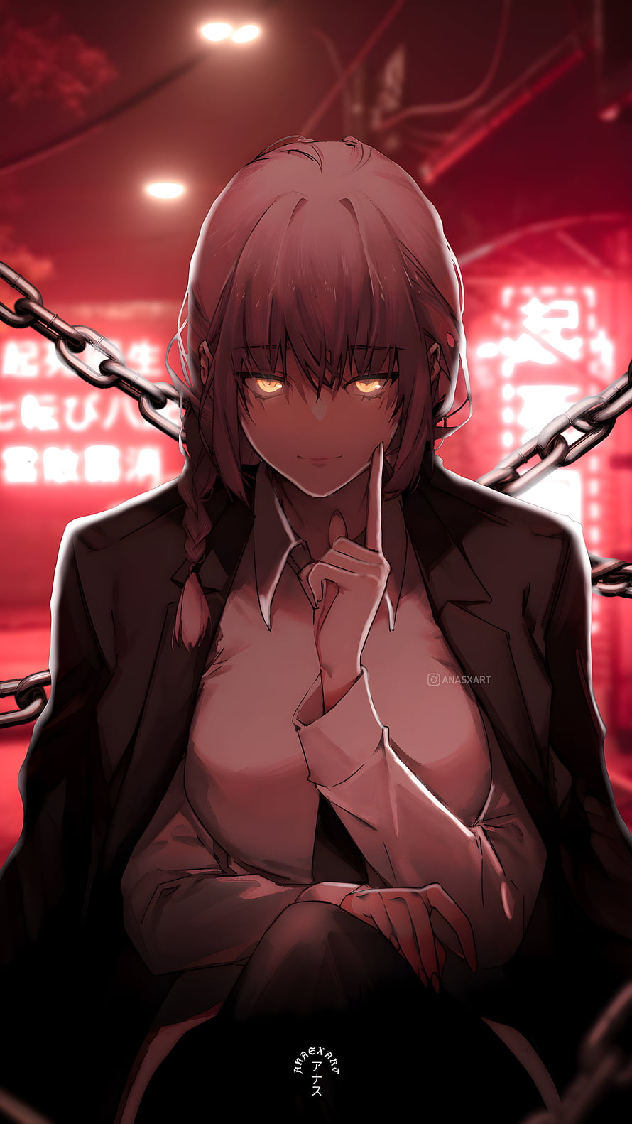 Makima from Chainsaw Man anime character in suit with glowing eyes and chains, Makima, Chainsaw, Japan_Street, Red, Chainsawman, magenta, ANASXART, art HD phone wallpaper