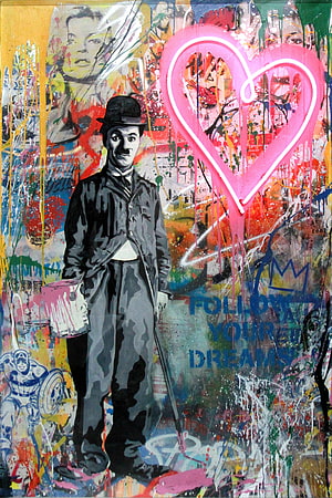 Mr. Brainwash Street Art Mural Featuring Charlie Chaplin and Neon Heart HD phone wallpaper