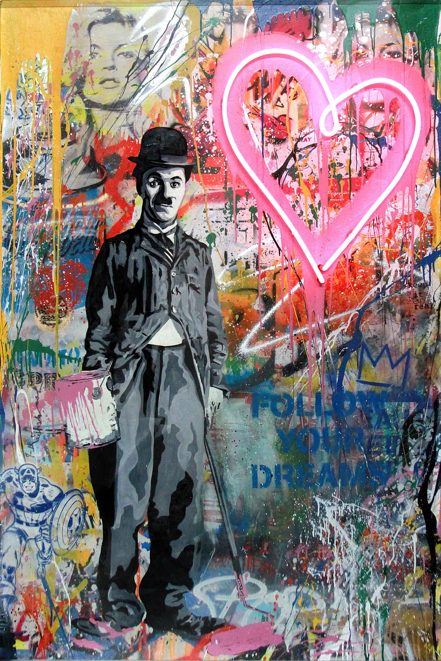Mr. Brainwash Street Art Mural Featuring Charlie Chaplin and Neon Heart HD phone wallpaper