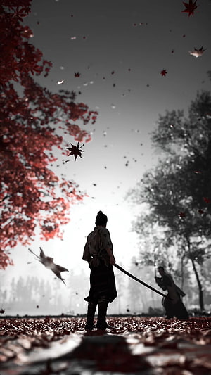 Silhouette of a Samurai Warrior Standing in a Forest with Falling Red Maple Leaves HD phone wallpaper