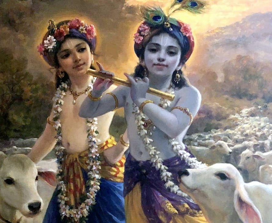 Krishna and Balarama Playing Flute with Cows in Pastoral Landscape HD wallpaper