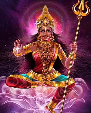 Goddess Durga Sitting on Lotus with Trishul and Golden Jewelry HD phone wallpaper