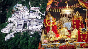 Vaishno Devi Temple Complex and Ornate Deity Statues in Red and Gold HD wallpaper