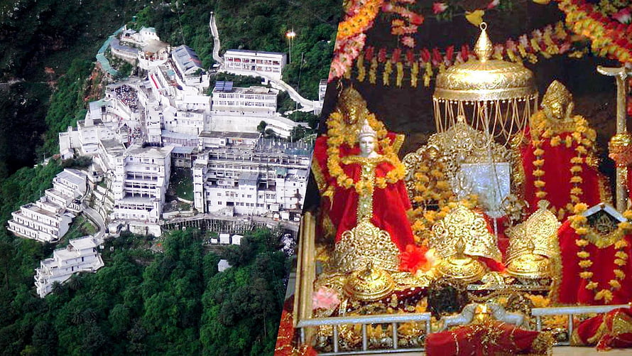 Vaishno Devi Temple Complex and Ornate Deity Statues in Red and Gold HD wallpaper