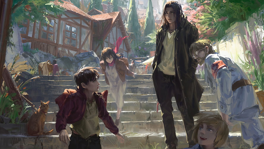 Attack on Titan Characters in Lush Village Setting with Stone Steps and Cottage HD wallpaper