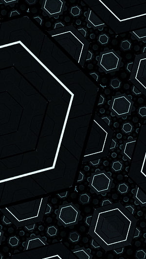 Dark Hexagonal Fractal Pattern with Glowing Cyan Geometric Lines HD phone wallpaper