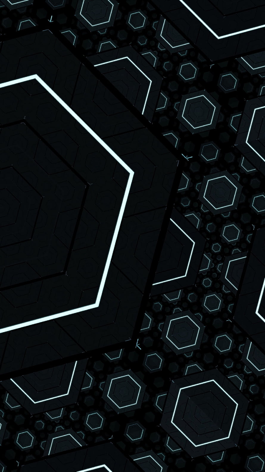Dark Hexagonal Fractal Pattern with Glowing Cyan Geometric Lines HD phone wallpaper