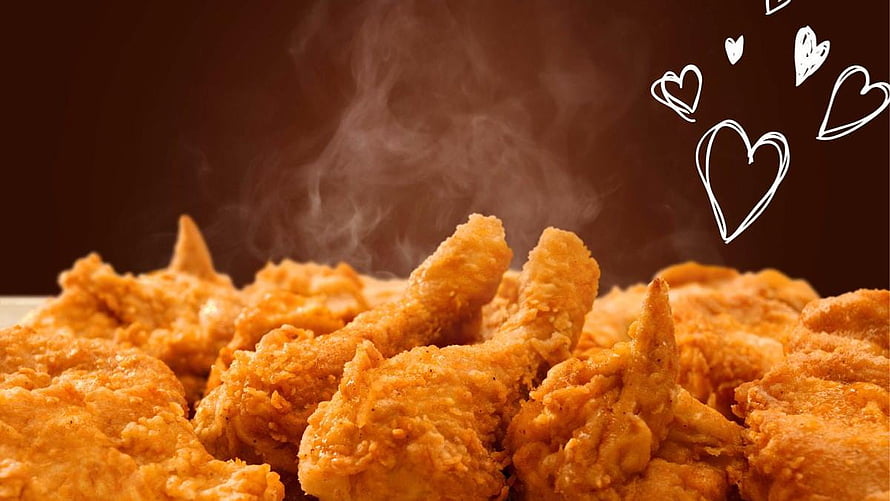 Steaming Golden Fried Chicken Drumsticks with Crispy Texture and Heart Illustrations HD wallpaper